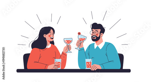 Happy couple toasting with cocktails, symbolizing celebration, romance, a date, or enjoying good times together.