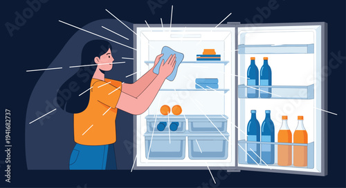 Woman cleaning the inside of an open refrigerator filled with bottles and containers, symbolizing home hygiene and organization.