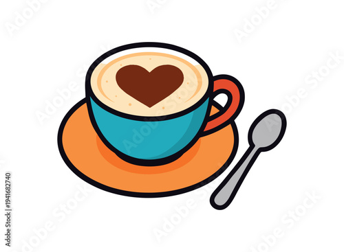 A cheerful blue coffee cup on an orange saucer with heart-shaped latte art and a spoon, simple colorful flat artwork ideal for cafe branding, menu icons, or food stickers.