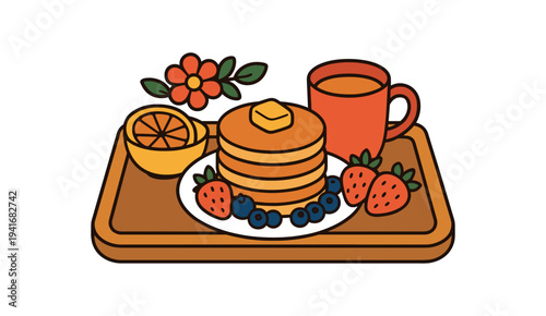 Bright flat illustration of a breakfast tray showing a stack of pancakes with butter, strawberries and blueberries, half an orange and a mug of coffee for menu or breakfast design.