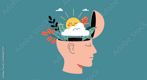 Human head with an open top revealing a cheerful sun, clouds, and plants, symbolizing mental well-being and positive thinking.