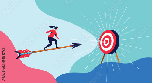 Woman riding an arrow towards a target, symbolizing goal achievement, focus, ambition, determination, and success.