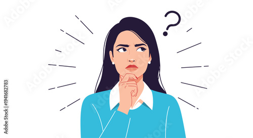 Thoughtful woman with a questioning expression and hand on chin, symbolizing contemplation, doubt, and decision-making.