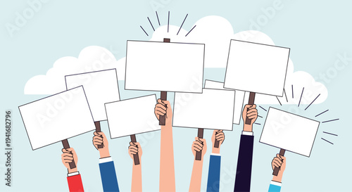 Many hands holding up blank rectangular protest signs against a cloudy sky, symbolizing demonstration, voice, and opinion.