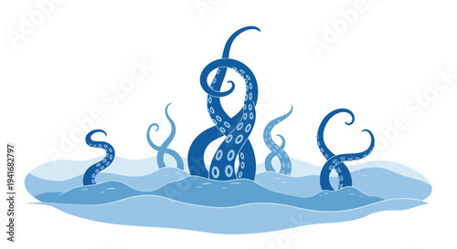 Blue octopus tentacles emerging from wavy water, symbolizing mystery, danger, a sea monster, or deep-sea fantasy.