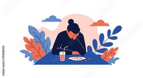 Sad woman sitting at a table with pills and a drink, surrounded by plants, symbolizing depression, mental health, and illness.