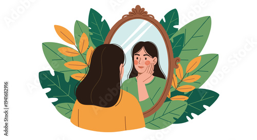 Young woman admiring her reflection in an ornate mirror surrounded by lush green and orange leaves representing self-love and beauty.