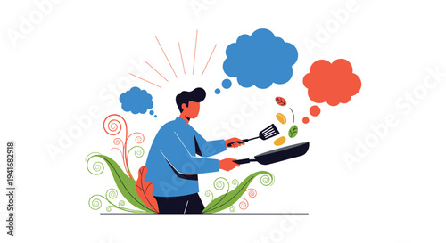 Man cooking with a frying pan and spatula, with thought bubbles showing ingredients, symbolizing culinary creativity.