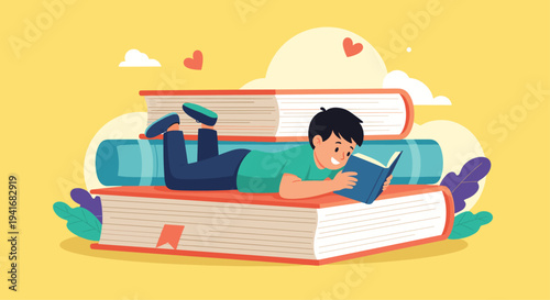 Little boy happily reading a book while lying on a large stack of books surrounded by floating hearts and plants.