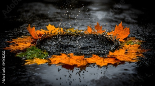 Colorful Autumn Leaves Creating Ripples in Dark Water During Rainfall in Nature