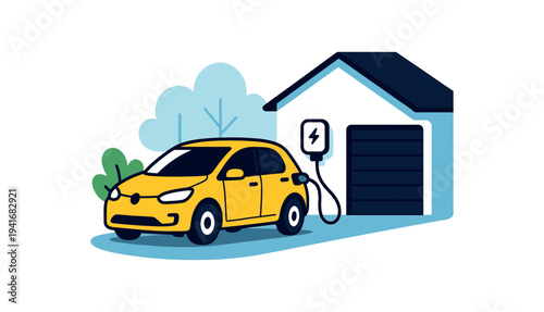 A compact yellow electric car plugged into a home garage charger parked on a driveway, set against trees and clouds to suggest eco-friendly commuting or home charging infrastructure.