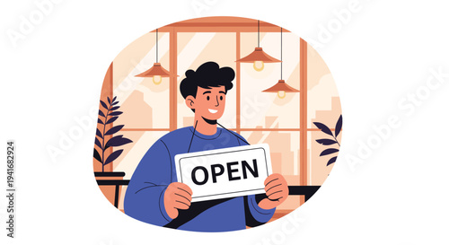 Happy man holding an open sign in front of a cozy cafe or shop interior, ready to welcome customers for business.
