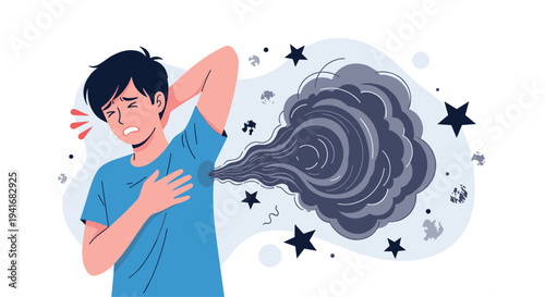 Man with a pained expression, dark smoke from armpit, symbolizing body odor, sweating, and a hygiene problem.