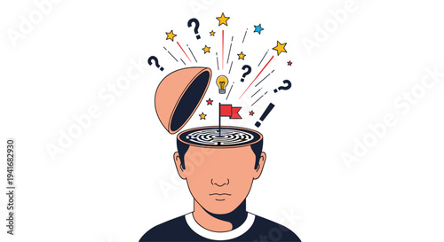 Man's head with an open top revealing a maze, lightbulb, question marks, and stars symbolizing idea generation and problem solving.