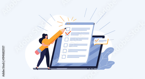 Woman with a giant pencil checking off completed tasks on a digital checklist displayed on a laptop screen for online surveys.