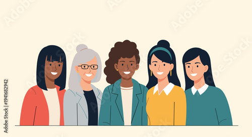 Diverse group of five smiling women standing together, showcasing friendship, unity, and female empowerment.