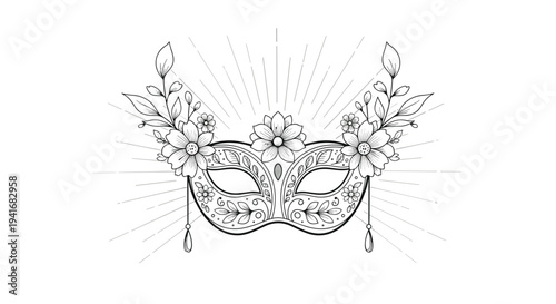 Intricate line art of an ornate masquerade mask adorned with flowers and leaves, radiating mystery and elegance.
