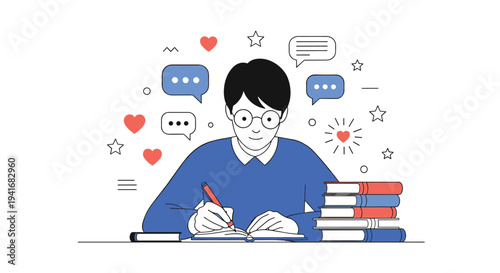 Young man in glasses writing in a notebook at a desk surrounded by books, chat bubbles, and hearts, symbolizing creative thoughts.