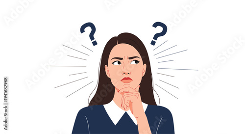 Thoughtful woman with a hand on her chin and question marks above her head, pondering a decision or expressing confusion.