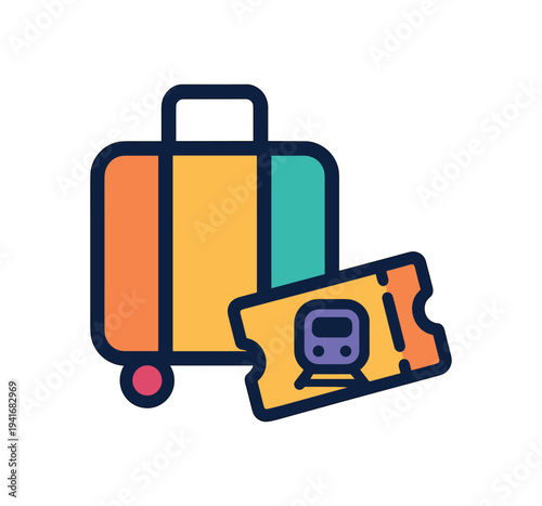 Colorful wheeled suitcase with a train ticket for travel and transit planning flat vector illustration