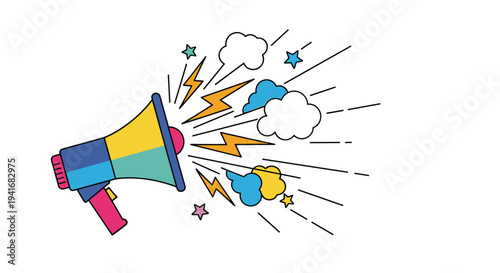 Colorful megaphone emitting lightning bolts, clouds, and stars, symbolizing a loud announcement or public promotion.