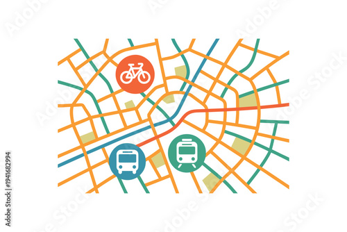 City transit map with bike, bus, and train route icons for urban mobility and route planning flat vector illustration