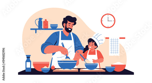 Father and daughter cooking together in a cozy kitchen, both wearing aprons, enjoying family bonding and culinary fun.