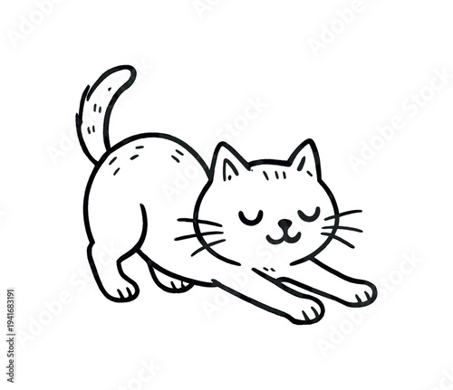 A playful cat in a stretching pose drawn in clean black line art, suitable for pet, kids, or lifestyle icons.