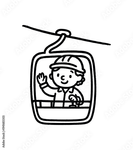 Black line illustration of a smiling person wearing a hardhat waving from inside a suspended cable car gondola on a hanging cable, useful for travel, mountain resort, or safety graphics.