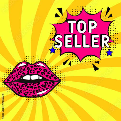 Comic book explosion with text Top Seller, vector illustration. Vector bright cartoon illustration in retro pop art style. Upcoming events in pop art style. Top Seller, web banner