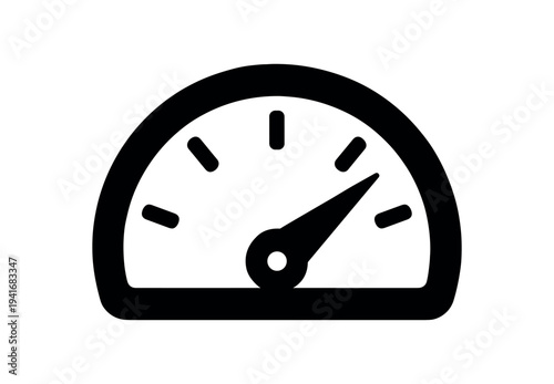 Simple black speedometer or gauge icon showing a dial and needle, suited for ui, dashboard, or performance indicator graphics.