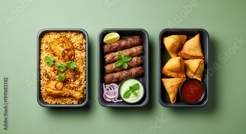 Delicious takeout containers featuring flavorful chicken biryani succulent seekh kebabs with mint chutney and crispy golden samosas ready for immediate consumption