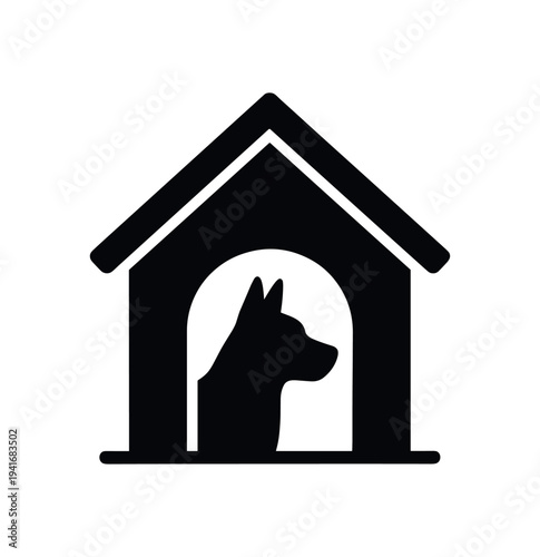 Bold black icon of a dog’s profile inside a simple doghouse silhouette on a base line — suitable for pet services, signage, apps, or logos.