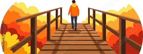 Back view of a person walking on a wooden pier through colorful autumn woods