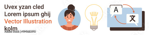 Education, creativity, language learning, problem-solving, communication, global services. Woman profile, light bulb and translation icon on screen. Education and creativity concepts