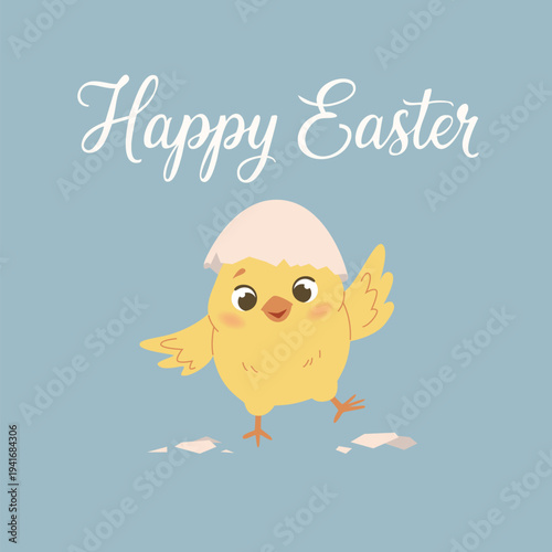 An Easter card with a chick hatching from an eggshell and the words "Happy Easter" on a blue background. Vector illustration