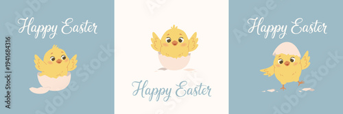 An Easter cards collection with a chick hatching from an eggshell and the words "Happy Easter". Vector illustration