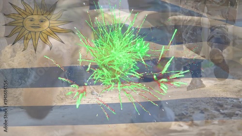 Animation of flag of uruguay waving over diverse soldiers