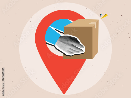 Hands extend a cardboard box from a red location icon. Delivery concept. Modern photo collage style. Vector illustration