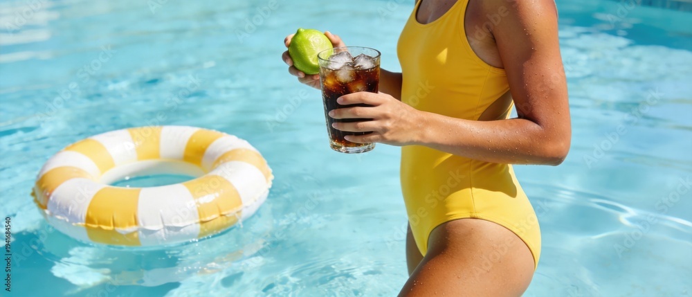 Fototapeta premium Woman in yellow swimsuit holding iced drink with lime in swimming pool near inflatable ring, summer vacation relaxation concept, idea for tropical travel lifestyle and leisure marketing