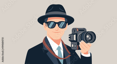 Smiling man in suit, hat, and sunglasses holding a camera