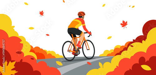 Cyclist riding bicycle on autumn road with falling leaves
