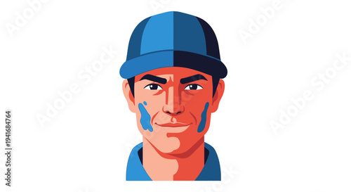 Smiling man with blue paint on face wearing blue cap