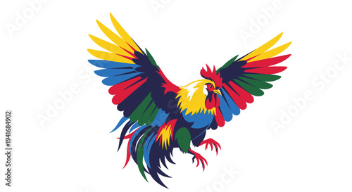 A vibrant colorful rooster illustration with wings spread in dynamic pose
