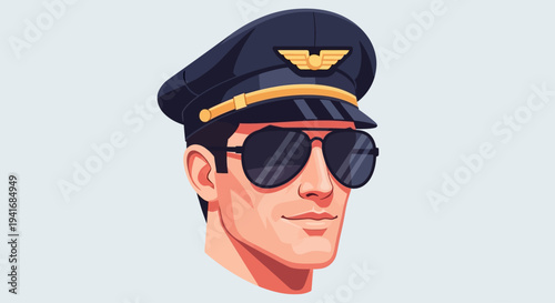 Stylized male pilot headshot wearing cap and aviator sunglasses