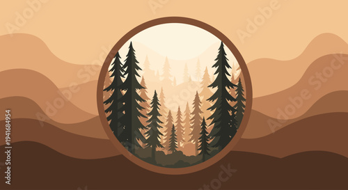 Stylized forest landscape with pine trees and warm hills