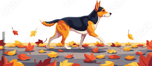 Dog walking through fallen autumn leaves path