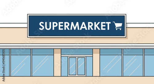 Supermarket building exterior with sign and shopping cart icon