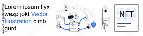 Artificial intelligence, blockchain technology, space innovation, digital assets, automation, data security. A robot multitasking with symbols of NFTs and a rocket. Artificial intelligence
