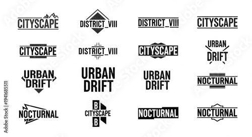 Collection of urban-themed logo designs featuring cityscapes, districts, and nocturnal elements.